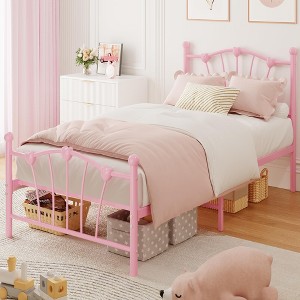 Twin Bed Frame with Heart Shaped Headboard and Tailboard, Heavy Metal Slat Support, Noiseless - 1 of 4