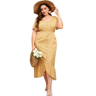 Women's Plus Size High Low Summer Dress Floral Maxi Dress Short Sleeve V Neck Ruffle Hem