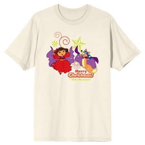 Dora The Explorer Dora & Swiper Merry Christmas Feliz Navidad Adult Natural Crew Neck Short Sleeve T-shirt - 1 of 4