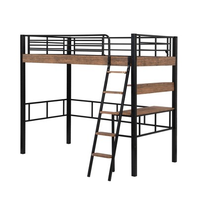 Bellemave Twin Loft Bed with Desk, Ladder & Bookshelves, Heavy Duty Metal High Loft Bed Frame, Space Saving Design, Black