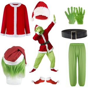 Aoibox Adult Deluxe 7-Piece Green Monster Santa Suit - Christmas Outerwear with Scary Mask, Unique Holiday Cosplay Costume - 1 of 4