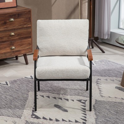 1 PC Natural Wood Armchair,Modern Fabric Upholstered Bedroom Armchair,Kitchen Dining Chair With Back Cushions And Metal Frame-Coolbibila