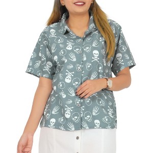 LA LEELA Women's Cotton Scary Blouse Button Down Tops Dress Shirt Short Sleeve Halloween Costumes Vintage Shirts - 1 of 4