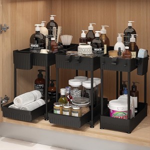 Aoibox 3 Pack Under Sink Organizers 2-Tier Multi-Use Kitchen and Bathroom Storage with Sliding Drawers Black 12.8 Inch - 1 of 4