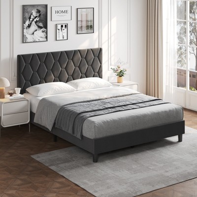 Upholstered Platform Bed Frame with Diamond Design Fabric Headboard, Solid Wood Slat Support, Non-Slip, Noise-Free, No Box Spring Needed
