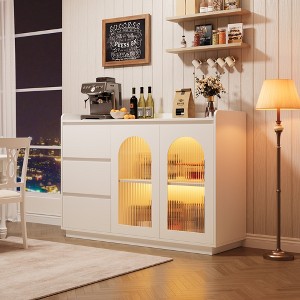 Sideboard Buffet Cabinet with Glass Door, Modern Storage Cabinet with Led Lights and Adjustable Shelves for Living Room, Dining Room, White - 1 of 4