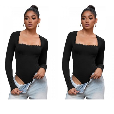 INSPIRE CHIC 2 Pcs Women's Lace Square Neck Long Sleeves Tummy Control Body Shapers