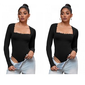 INSPIRE CHIC 2 Pcs Women's Lace Square Neck Long Sleeves Tummy Control Body Shapers - 1 of 4