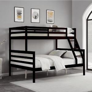 MAYEERTY Twin over Full Bunk Bed with Ladder, Wooden Bed Frame with High Guardrail and Ladder for Kids, No Box Spring Needed, Espresso - 1 of 4