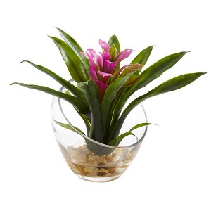 Nearly Natural 8" x 6" Artificial Tropical Bromeliad in Angled Glass Vase Purple : Indoor Decorative Faux Flora - 1 of 3