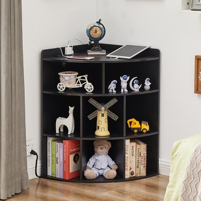 Image of VECELO Corner Cabinet with Charging Station, 3-Tier Cube Storage Organizer with USB Ports, Triangle Bookcases with 8 Cubbies, Black