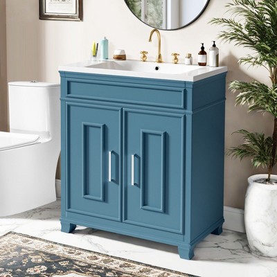 NicBex 30" Bathroom Vanity with Sink, Bathroom Cabinet Storage, 2 Soft Closing Cabinet Doors with Shelf for Bathroom, Blue