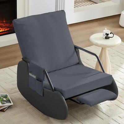 Mjkone Upholstered Corduroy Rocking Chair with Wooden Legs Wrapped in Leather&Adjustable Footrest