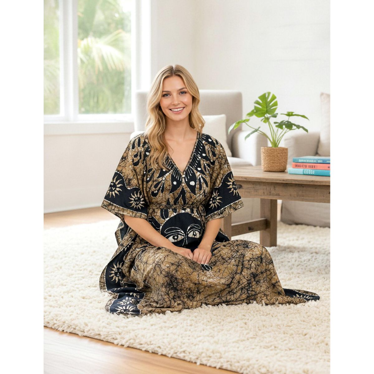 LA LEELA Summer Cotton Caftan Maxi Dress for Women Resortwear Vacation Cruise Holiday Loungewear Pregnancy Wear Beach Outfit 2X-3X Brown Sun - thumbnail 4