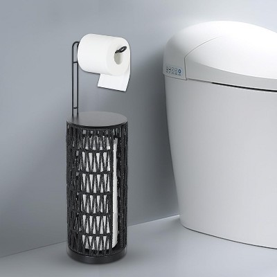 Chery Life Brown Freestanding Toilet Paper Holder with Storage, Handmade Woven Toilet Paper Roll Holder Stand, 3 Rolls of Tissue Holder