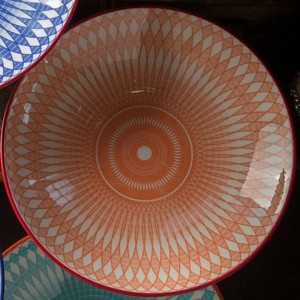 Slickblue Ceramic Pasta Bowl, Large, Geometric Pattern, Ribbed Underside, Bright Colored Trim, Orange - 1 of 2