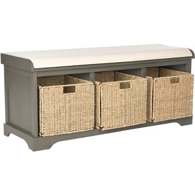Transitional Beige-Gray Wicker Storage Bench with Cushioned Top