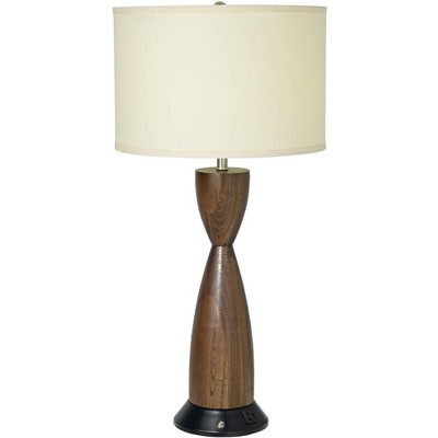 360 Lighting Modern Table Lamp with AC Power Outlet in Base Light Kona Brown Faux Wood Hourglass White Linen Drum for Living Room