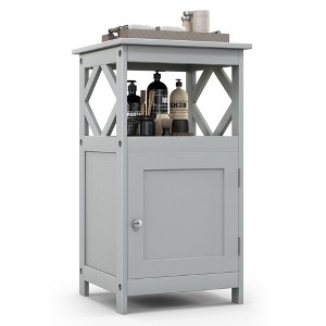 Costway Bathroom Floor Cabinet Side Storage Organizer with Open Shelf & Single Door Grey/White - 1 of 4