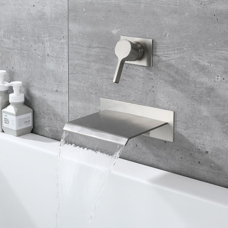 Sumerain Waterfall Wall Mount Tub Filler Brushed Nickel with Valve Single Two Handle, High Flow Rate, 3 of 13
