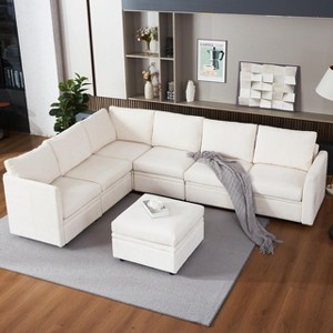 Modular 7-Seater Sofa 137.4" Upholstered Sectional Sofa with Storage compartment U Shaped Sectional Couch, high-density foam for Living Room - 1 of 4