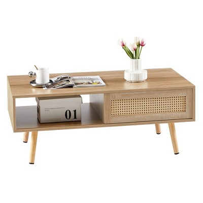 Modern Rattan Coffee Table With Sliding Door Storage Wood Legs Rattan Coffee Table,natural