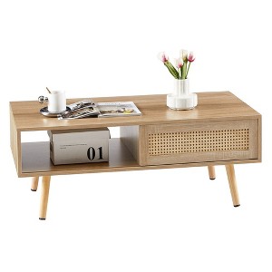 Modern Rattan Coffee Table With Sliding Door Storage Wood Legs Rattan Coffee Table,natural - 1 of 4