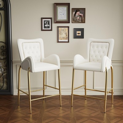 28" Upholstered Bar Stool Set Of 2,Velvet Fabric Bar Stools With Arms,Golden Legs And Footrests-Maison Boucle