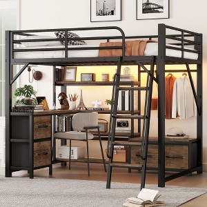Whisen Full Size Metal Loft Bed with Desk, Light, Storage Shelves, Wardrobe & Drawers, Comfortable and Safe - 1 of 4