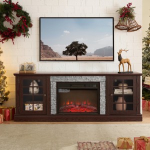 70" Fireplace TV Stand for 75 Inch TV, Modern Media Console with Glass Doors, Faux Stone & 23 Inch Electric Fireplace-3irtyhousy - 1 of 4