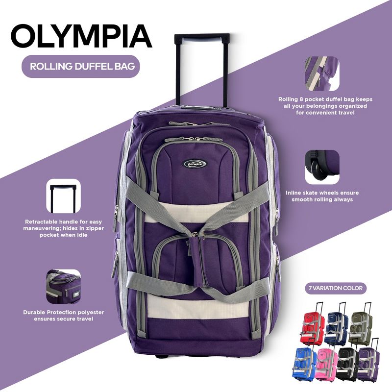 Olympia 8 Pocket U Shape Rolling Polyester Duffel Luggage Bag Suitcase with Push Button Hide Away Retractable Handle, 4 of 7