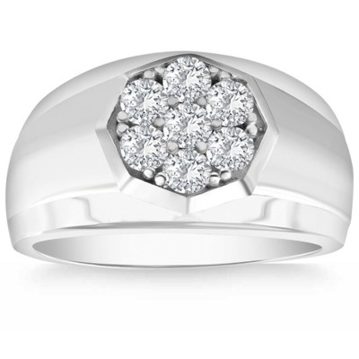 Pompeii3 1 Ct Diamond Ring Men's Cluster Hexagon Band in 10k White or Yellow Gold