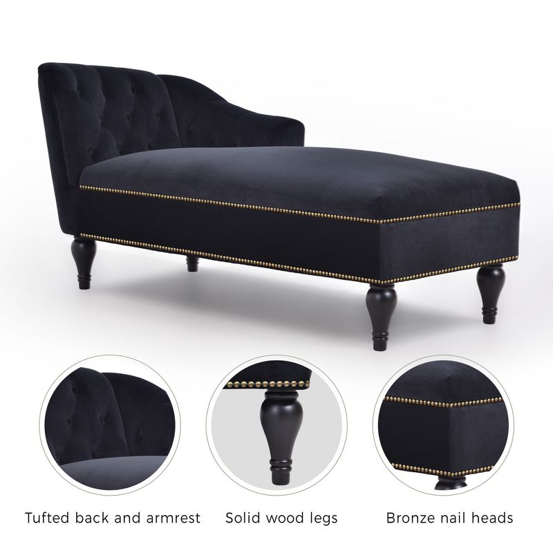 58" Velvet Chaise Lounge, Button Tufted Right Arm Facing Sleeper Lounge Chair with Nailhead Trim & Solid Wood Legs Black-ModernLuxe, 4 of 13