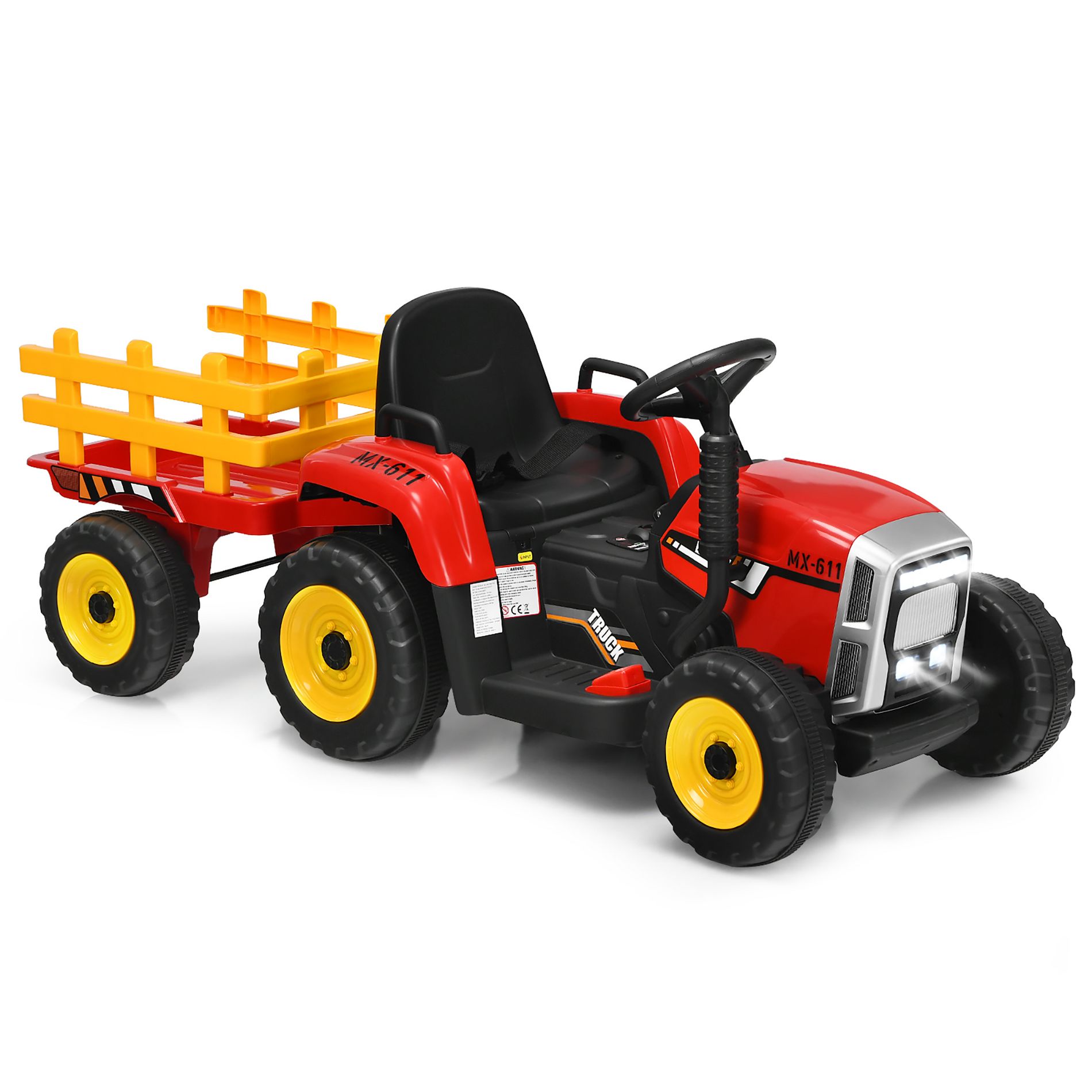 Costway 12V Kids Ride On Tractor with Trailer Ground Loader w/ RC & Lights Red