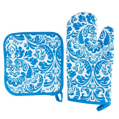 2pc Cotton Striped Oven Mitt And Pot Holder Set Blue - Threshold