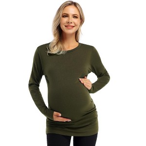Maternity Shirt Side Button and Ruched Maternity Tunic Tops Maternity Long Sleeve T-Shirts (M,purpleRed-Long) - 1 of 4