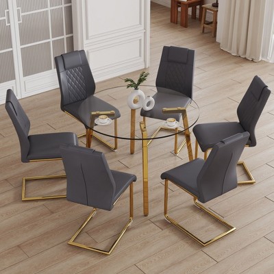 NicBex 5 PCS/7 PCS Dining Table Set,Round Tempered Glass Dining Table with Gold Metal Legs,4/6 PU Chairs for Kitchen/Apartment