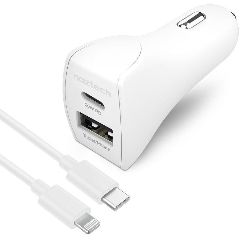 Naztech 20W USB-C PD + 12W USB Fast Car Charger | 4' MFi Lightning Cable | White, 1 of 8