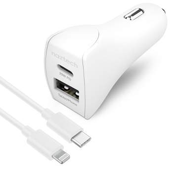 Naztech 20W USB-C PD + 12W USB Fast Car Charger | 4' MFi Lightning Cable | White