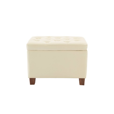 24 Tufted Storage Ottoman With Hinged, Cream Leather Storage Ottoman