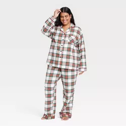 Women's Plus Size Holiday Tartan Plaid Flannel Matching Family Pajama Set - Wondershop™ Cream 1X