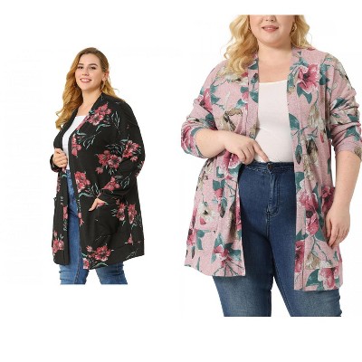 Agnes Orinda Women's Plus Size Lightweight Casual Long Sleeve Floral Soft Knit Cardigans