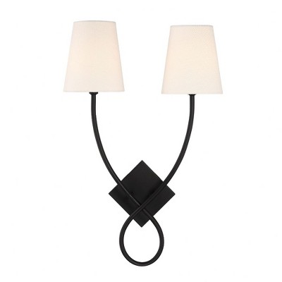 Matte Black 2-Light Wall Sconce with White Linen Shades