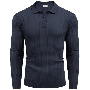 COOFANDY Knit Polo Shirts Long Sleeve Button Down Ribbed Polo Shirt Golf Shirts Navy Blue M - 1 of 4