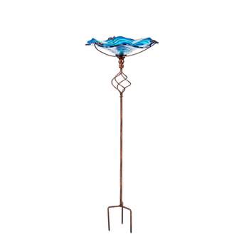 Evergreen 30"H Glass Bird Bath with Garden Stake, Blue Swirl- Fade and Weather Resistant Outdoor Decor for Homes, Yards and Gardens