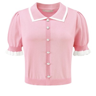 INSPIRE CHIC Women's 2025 Point Collar Button Decor Ribbed Short Sleeve Knit Tops