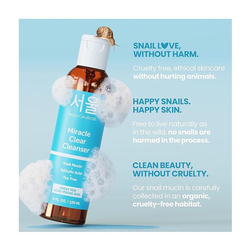 Seoul Ceuticals Korean Acne Snail Cleanser Face Wash - Snail Mucin, Salicylic Acid & Tea Tree Acne Treatment for Sensitive Skin & K Beauty Glow 4oz, 2 of 8