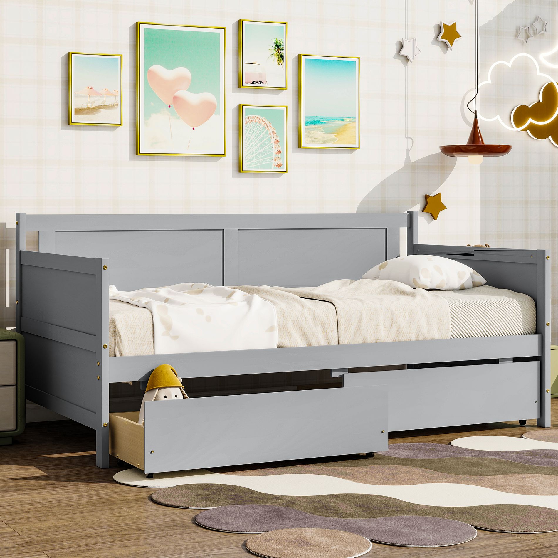 KTMBDW Bed Frame with Storage Drawers, Twin Daybed with Fence, Kids Bed Unit, Modern Bed Frame Twin Size