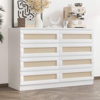 8 Drawer Double Dresser for Bedroom, Rattan Chest of Dressers, Modern Wooden Dresser Chest