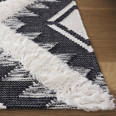 Handwoven Black and Ivory Wool Tribal Area Rug 6' x 9'